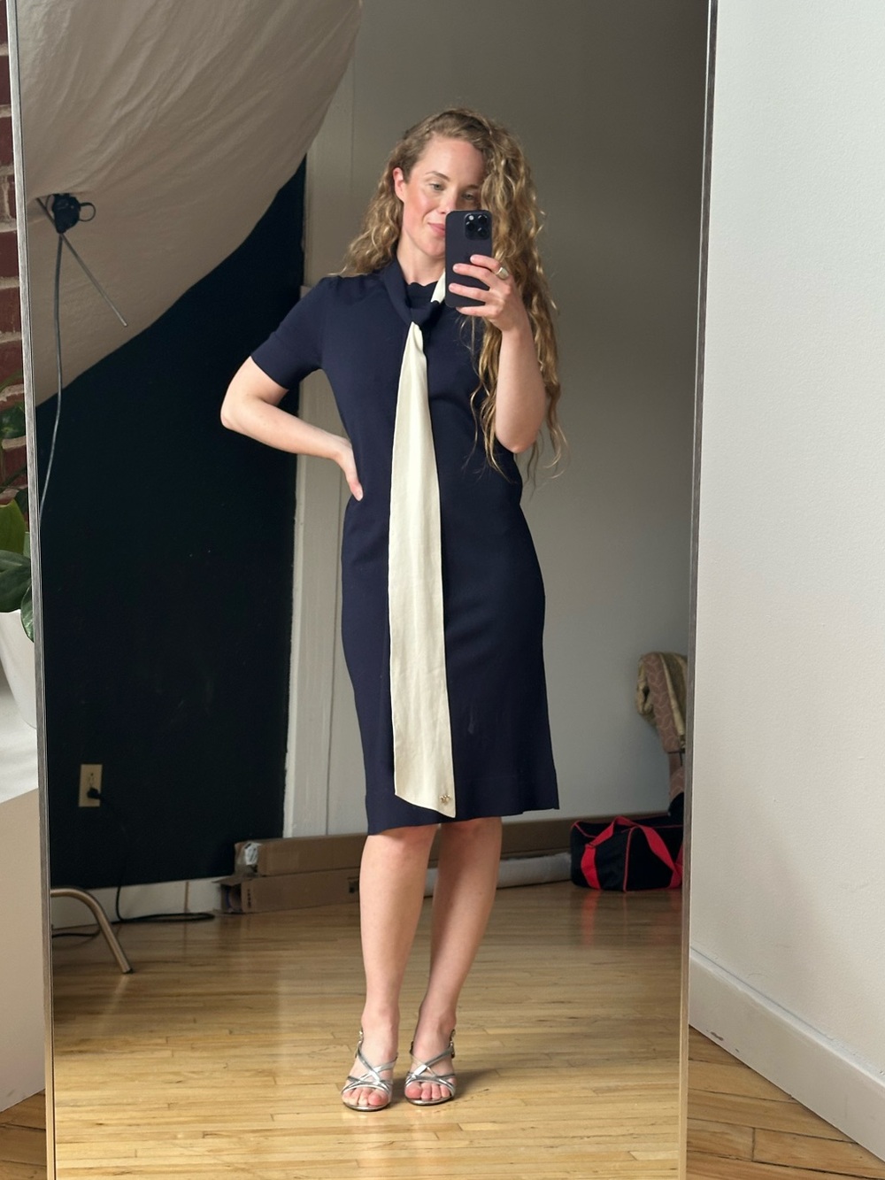 Tory Burch Classic Navy Tie-Front Sheath Dress - Navy & Cream